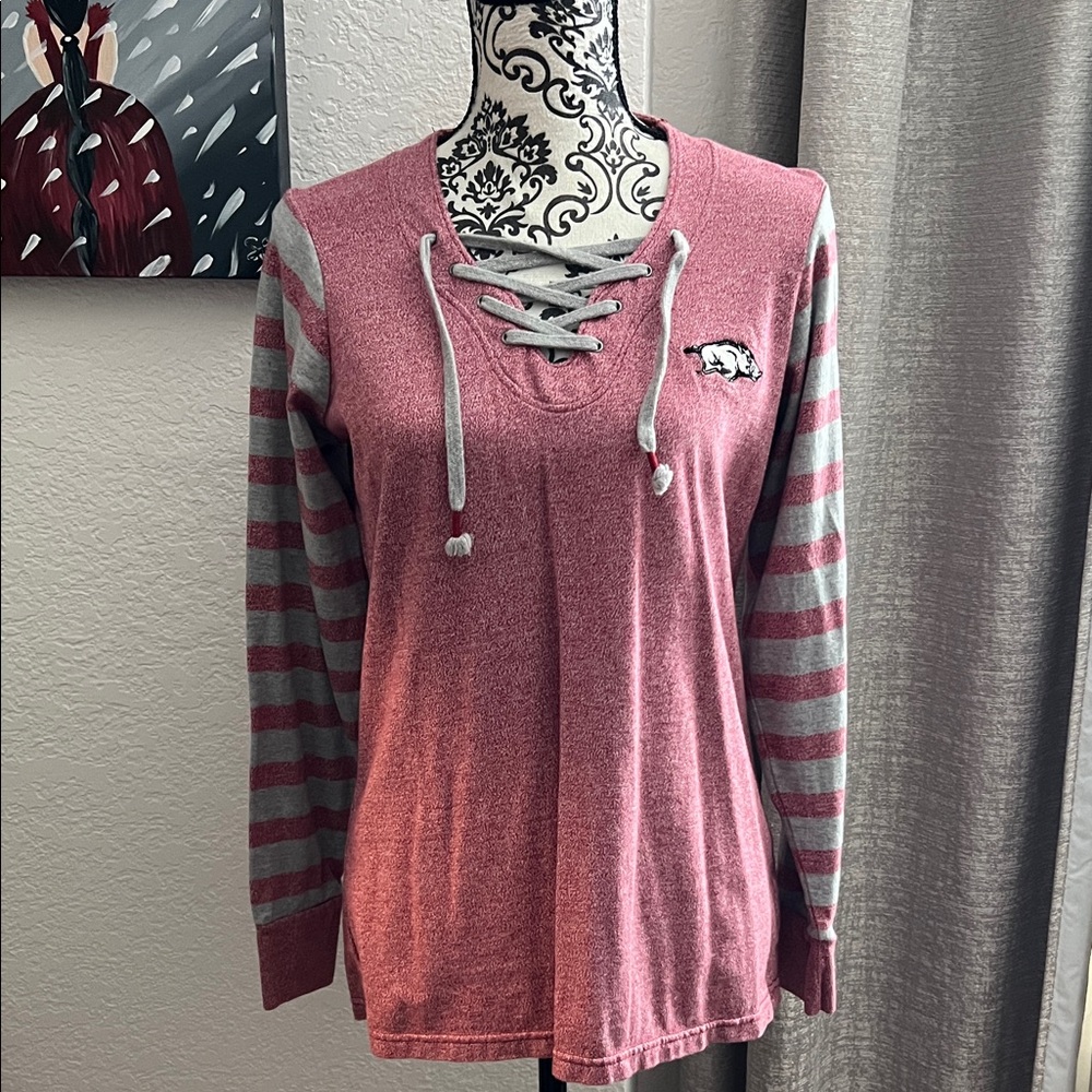 Lace-Up Striped Sweatshirt in Red and Gray